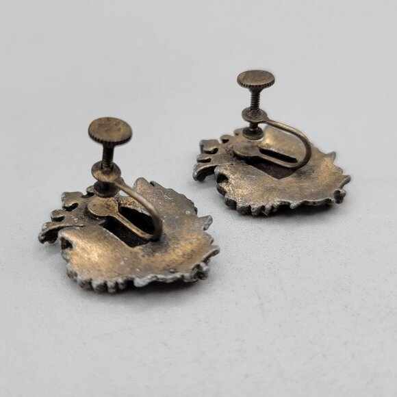 1940s Hungarian Enamel Screw-Back Earrings Vintage Folk Art Bronze - Picture 4 of 5